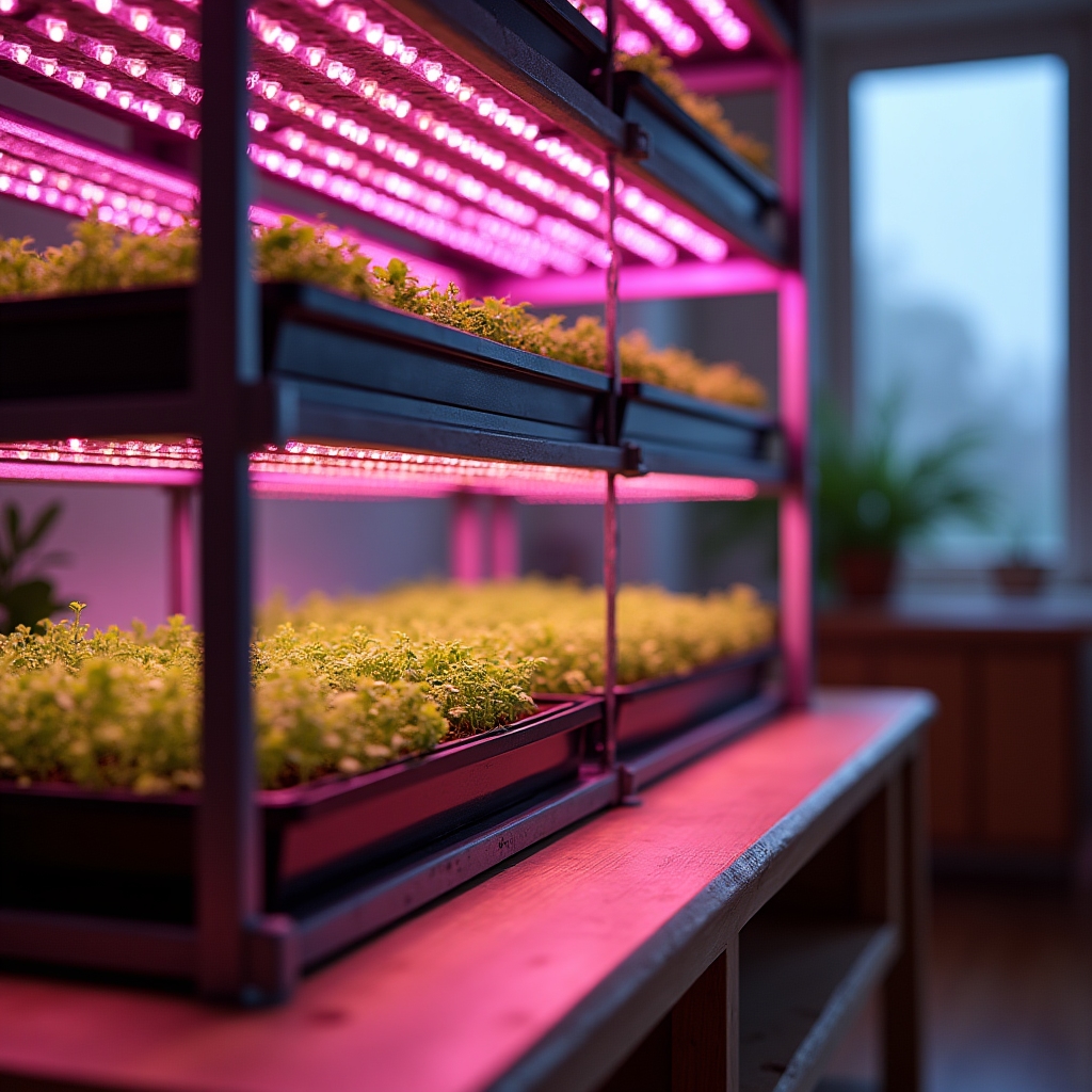 Estantería de cultivo interior con luces LED de crecimiento iluminando bandejas de plántulas