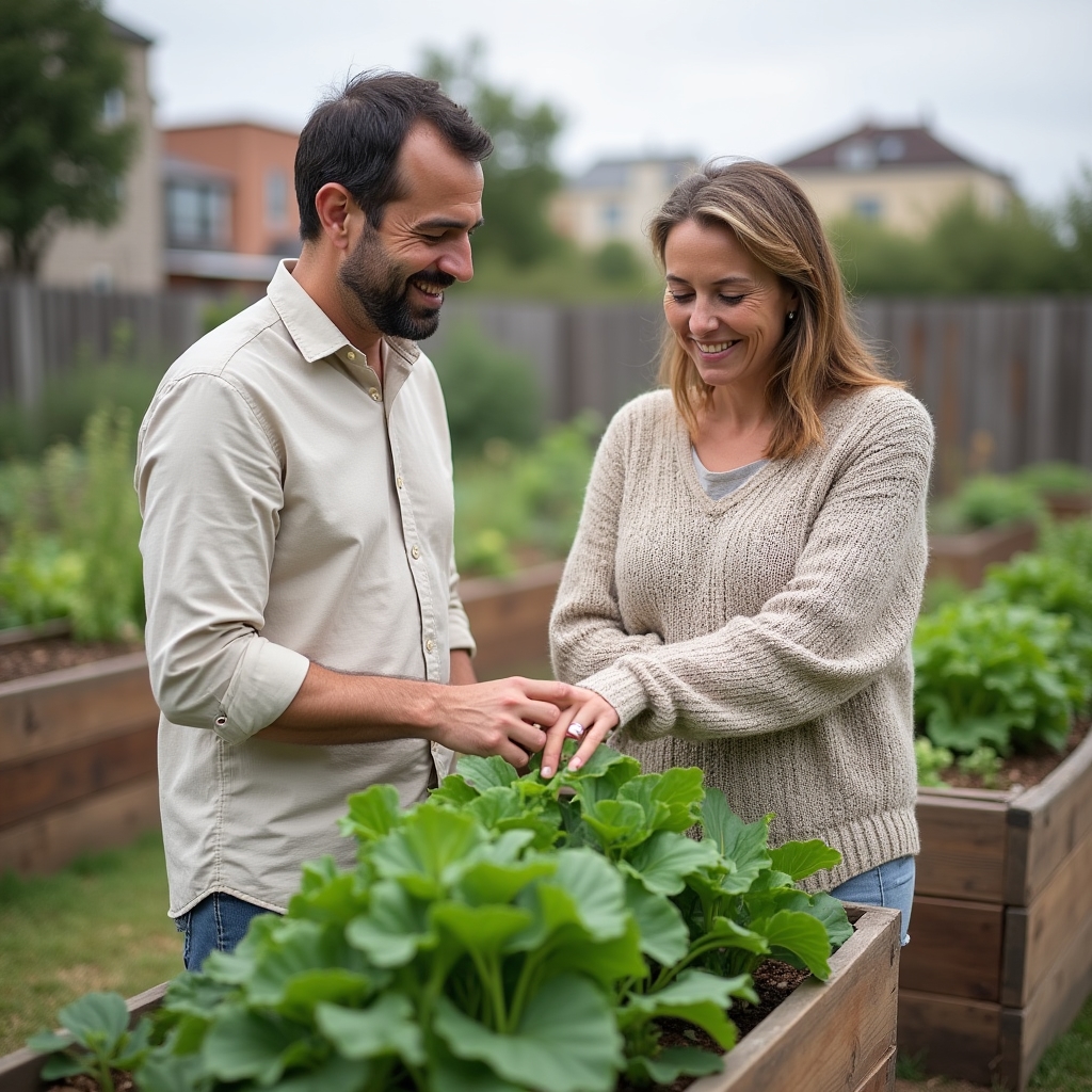Dos personas adultas revisando plantas y estructuras de cultivo en un huerto urbano al aire libre