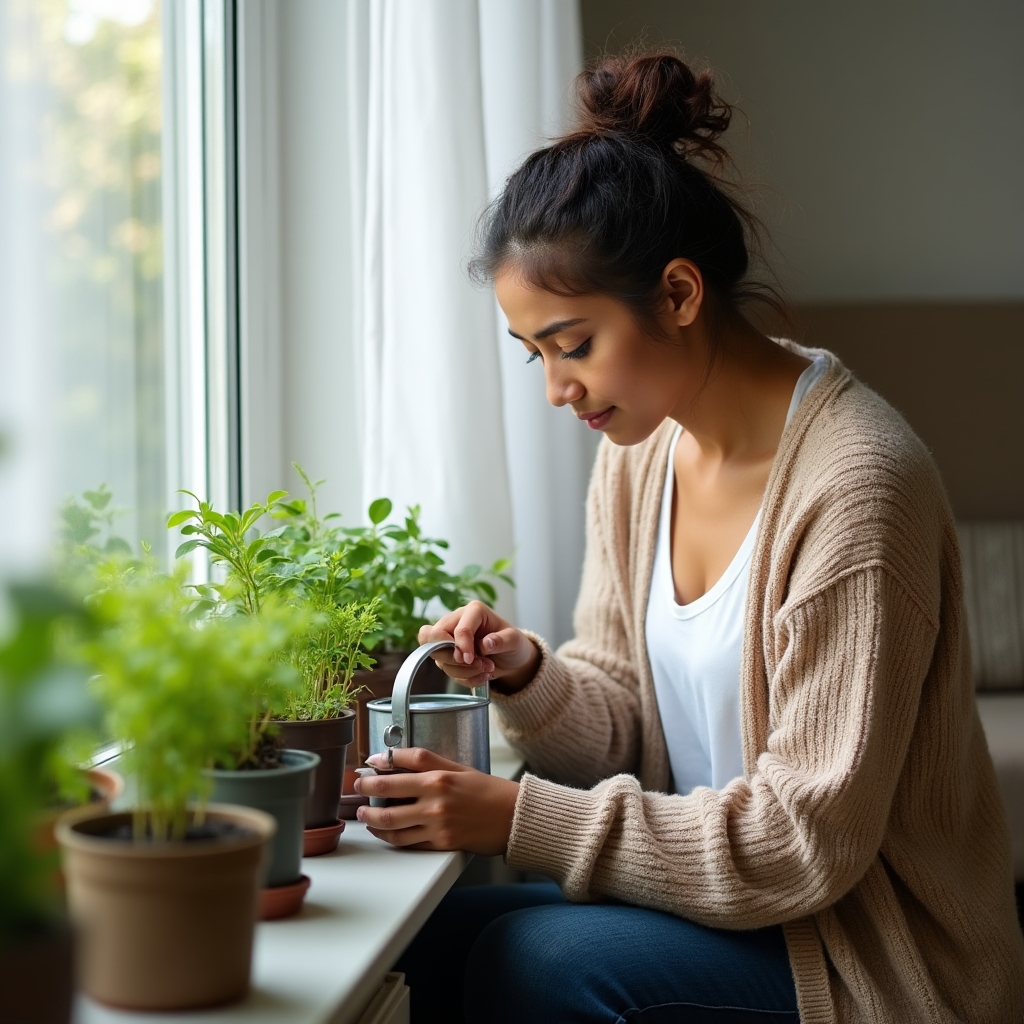 Persona joven cuidando plantas en macetas dentro de un espacio doméstico con luz natural