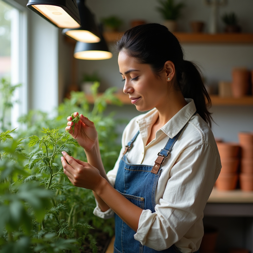 Instructor explicando el estado de unas plantas jóvenes junto a una estructura de cultivo interior